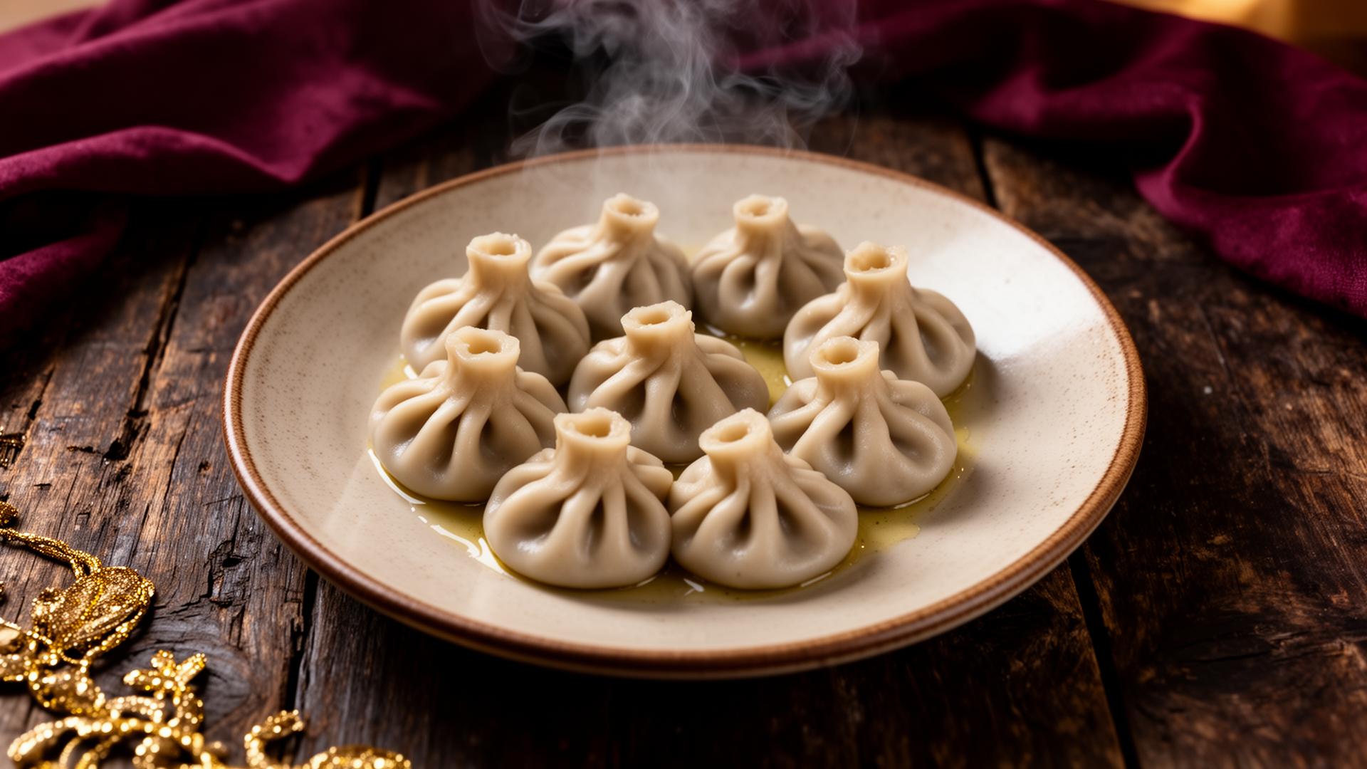 Steaming Georgian khinkali on a rustic wooden table